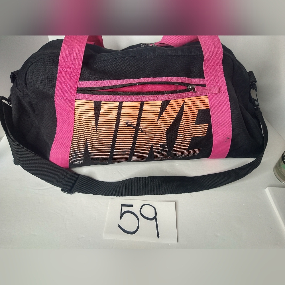 Vintage 80s Retro Nike Duffel Gym Bag Black Pink Orange Shoulder Strap Gym